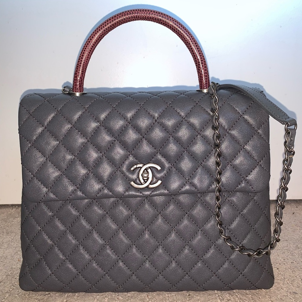 Large Chanel Handle Lizard Trim, Grey and Burgundy Handbag